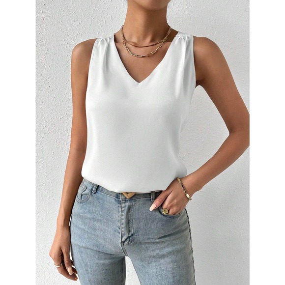 minimalist Solid V Neck Tank Top workwear office business casual cream - Picture 9 of 12